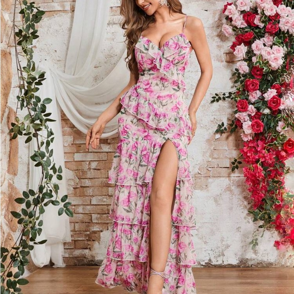 Small double crazy Floral Pink Tiered Maxi Dress